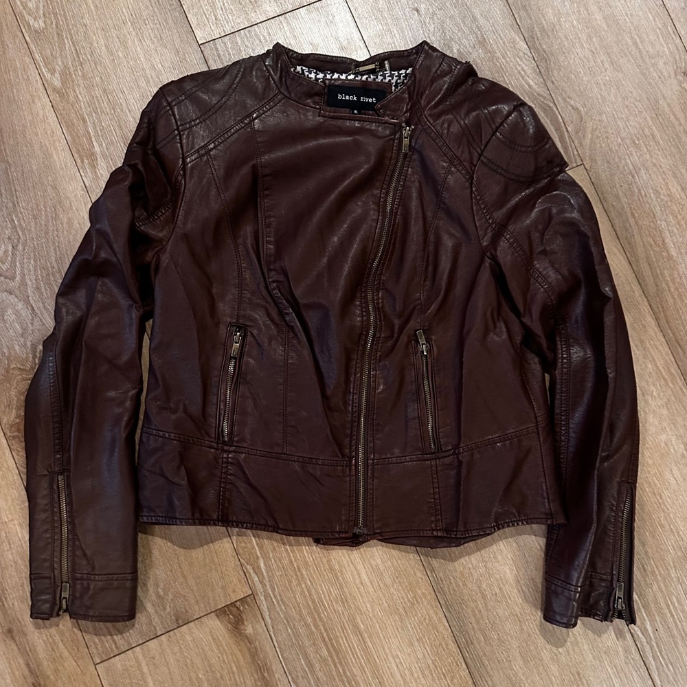 Black Rivet Womens Brown Faux Leather Moto Jacket Houndstooth Lining XL